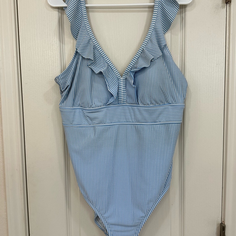 Time and Tru Blue Striped One Piece Swimsuit